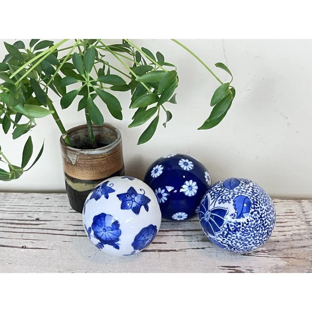 Vintage Pier 1 Blue & White Chinoiserie China Hand Painted Globes (3) Home Decor
